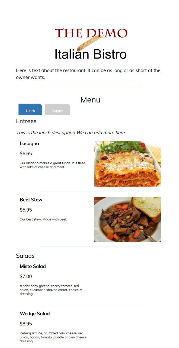 Demo Restaurant Menu